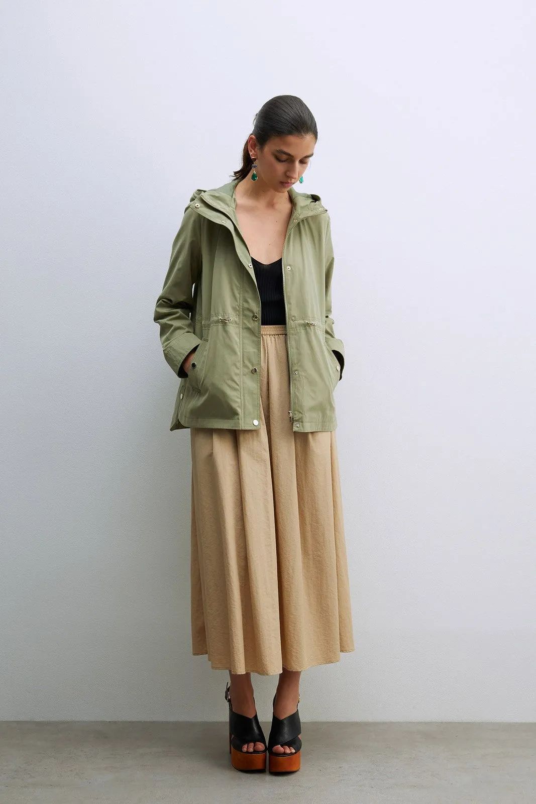 Hooded Parka W Snitched Waist - Khaki