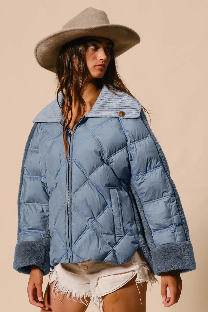 IT2517-01 | QUILTED JACKET SHERPA COMBO COLLARED JACKET