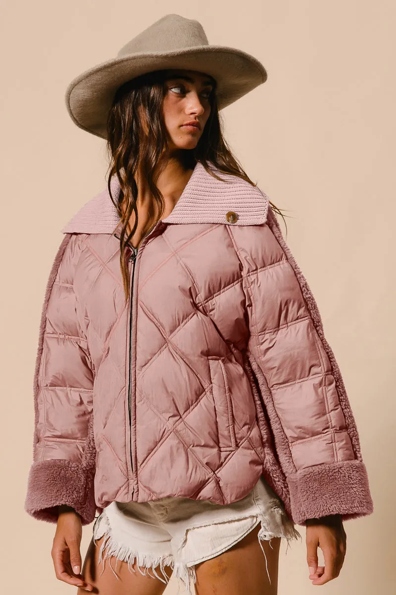 IT2517-01 | QUILTED JACKET SHERPA COMBO COLLARED JACKET