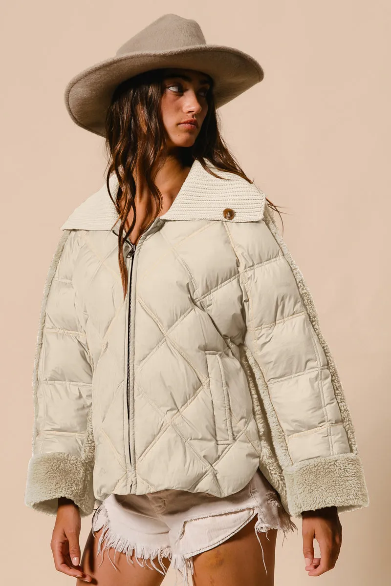 IT2517-01 | QUILTED JACKET SHERPA COMBO COLLARED JACKET