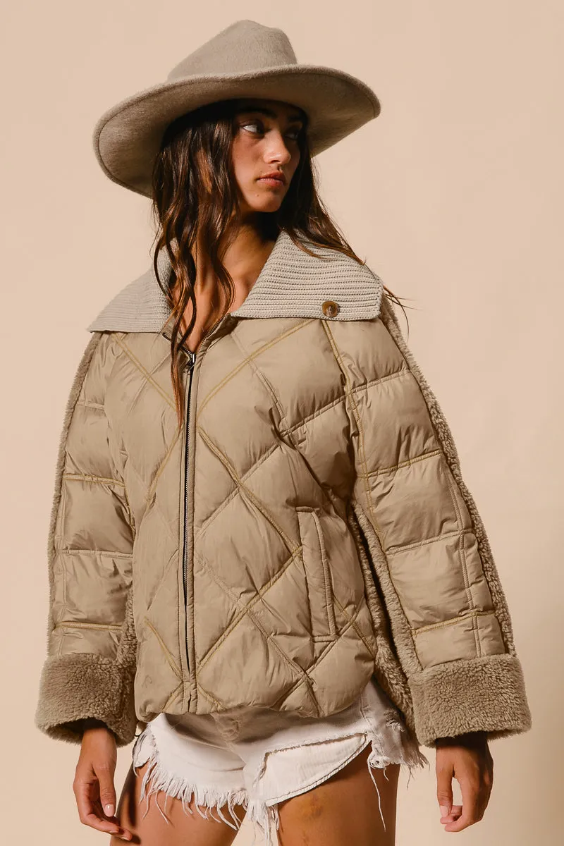 IT2517-01 | QUILTED JACKET SHERPA COMBO COLLARED JACKET