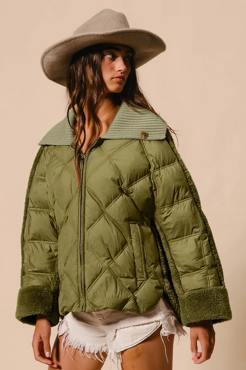 IT2517-01 | QUILTED JACKET SHERPA COMBO COLLARED JACKET