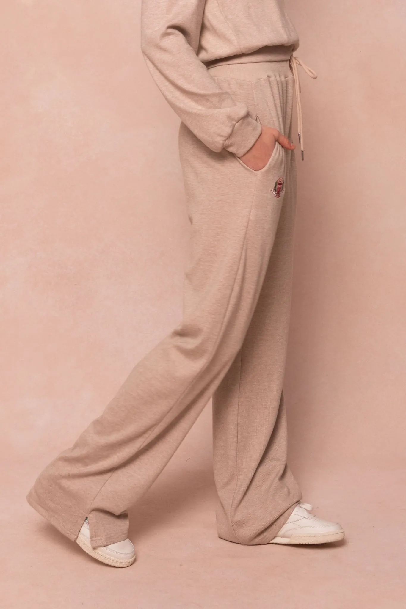 Ivy Wide Leg Embroidered Sweatpants in Oatmeal