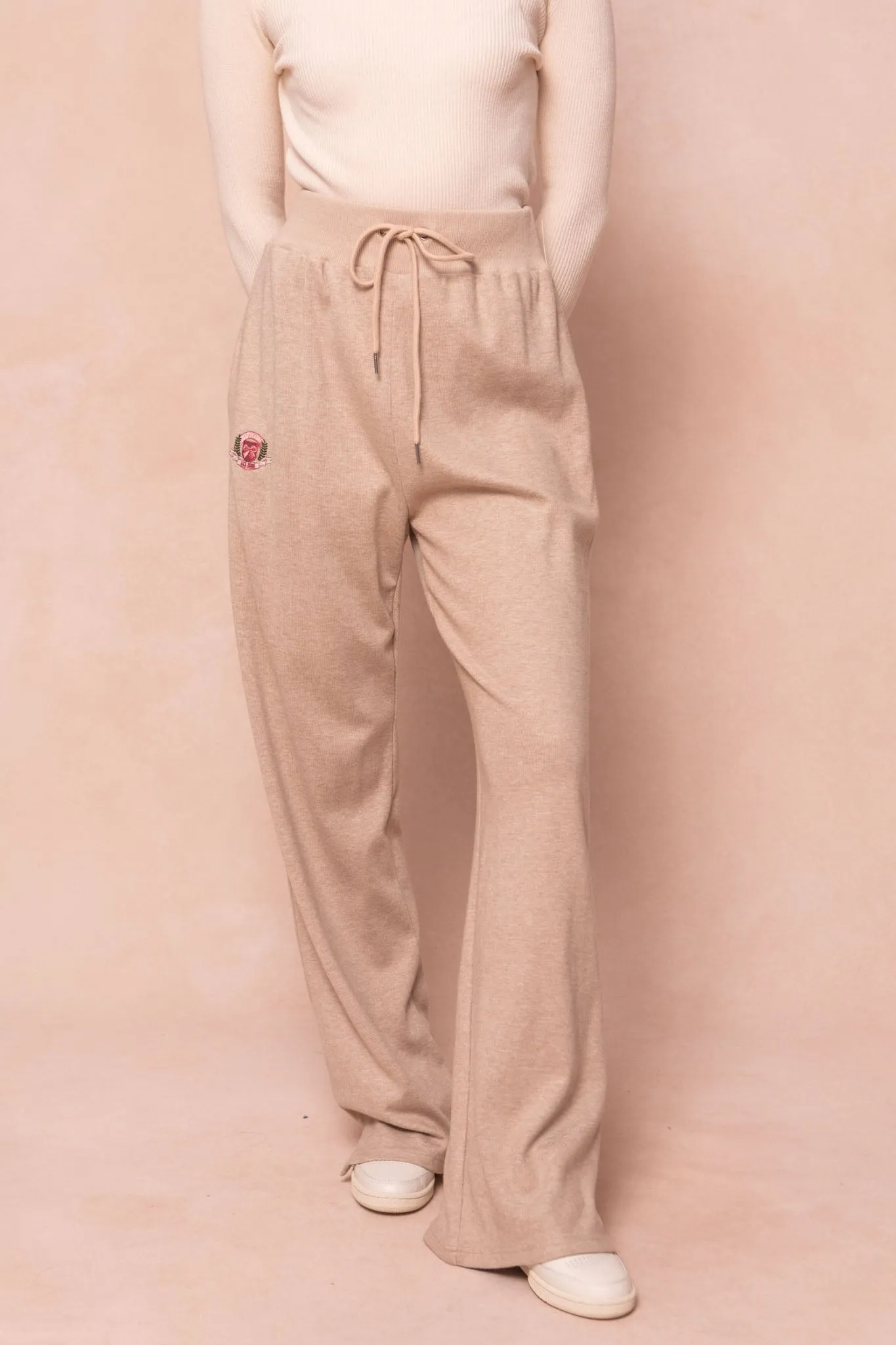 Ivy Wide Leg Embroidered Sweatpants in Oatmeal