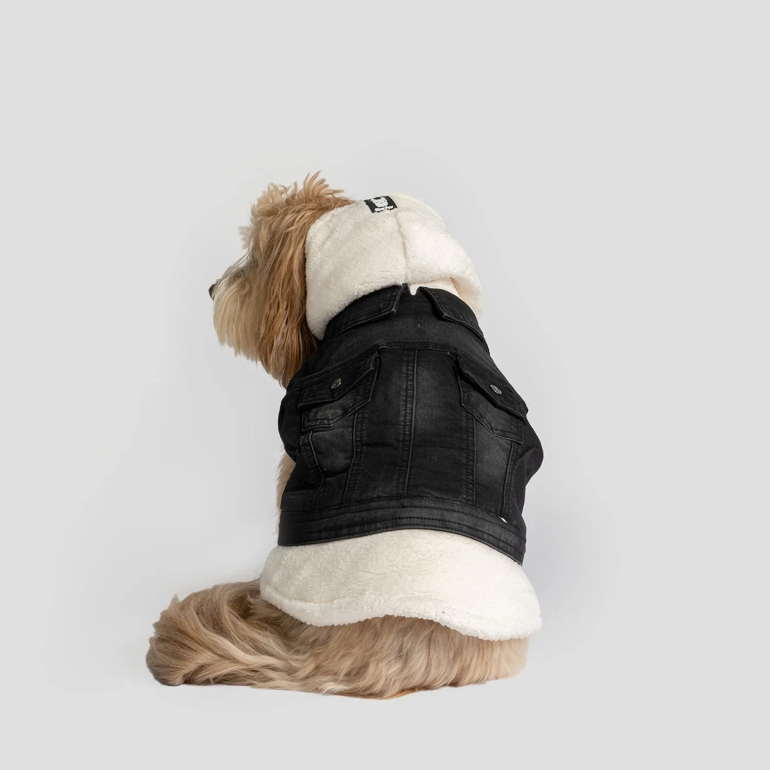 Justin – Black Denim Dog Jacket with Sherpa Lining | Stylish, Warm & Leash-Friendly