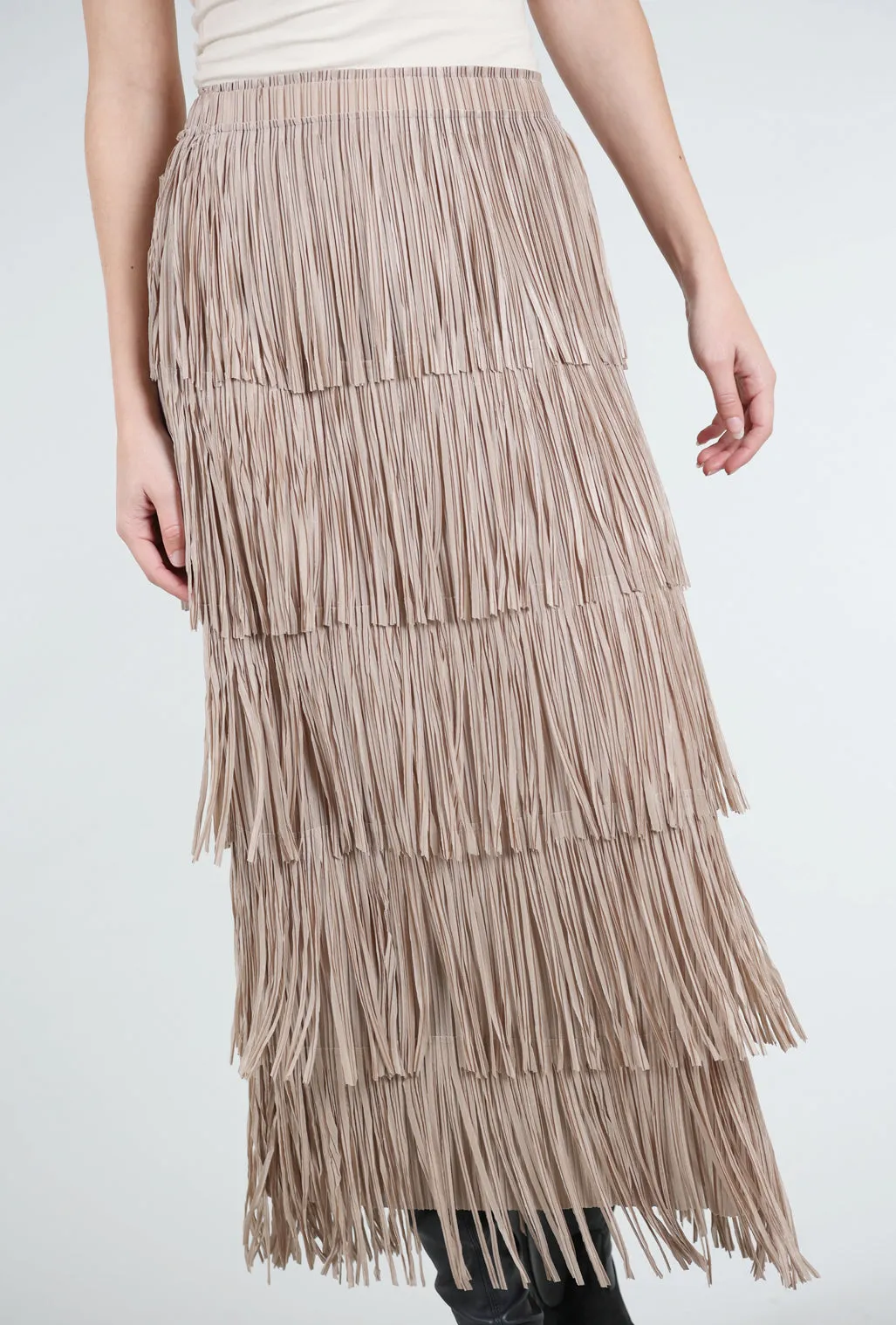 Layered Fringe Tiered Skirt, Taupe
