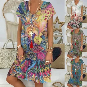 legant V-Neck Digital Print Dress - Casual and Temperament Leisure Wea
