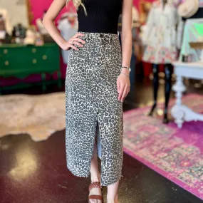Leopard Denim Front Slit Skirt