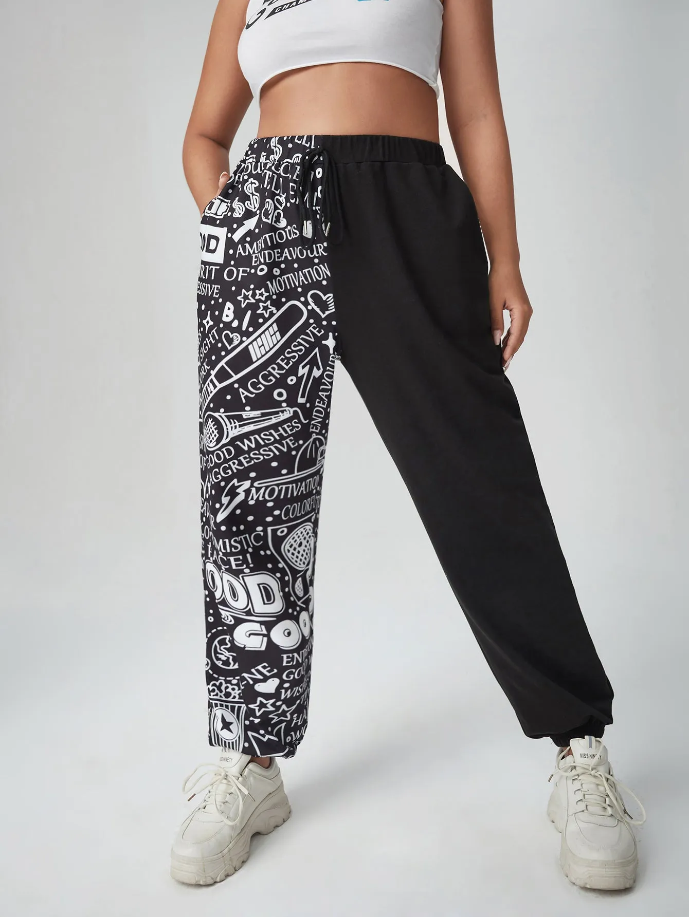 Letter Pocket High Waist Long Plus Size Sweatpants