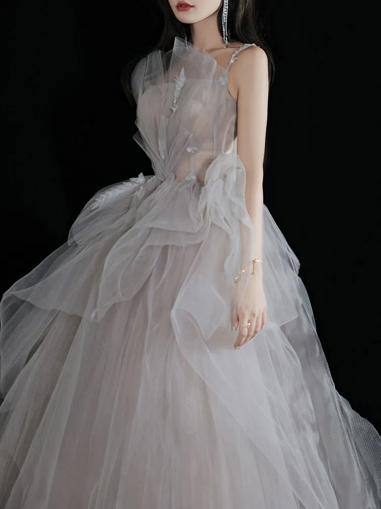 Light Gray Tulle Lace Long Prom Dress, Tulle Lace Formal Dress