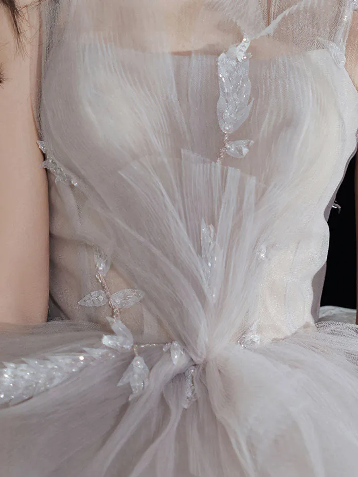 Light Gray Tulle Lace Long Prom Dress, Tulle Lace Formal Dress