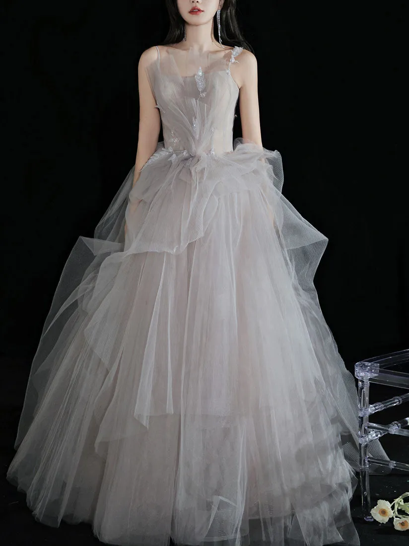 Light Gray Tulle Lace Long Prom Dress, Tulle Lace Formal Dress