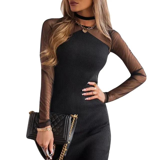 Long Sleeve Black Ribbed Mini Party Dress