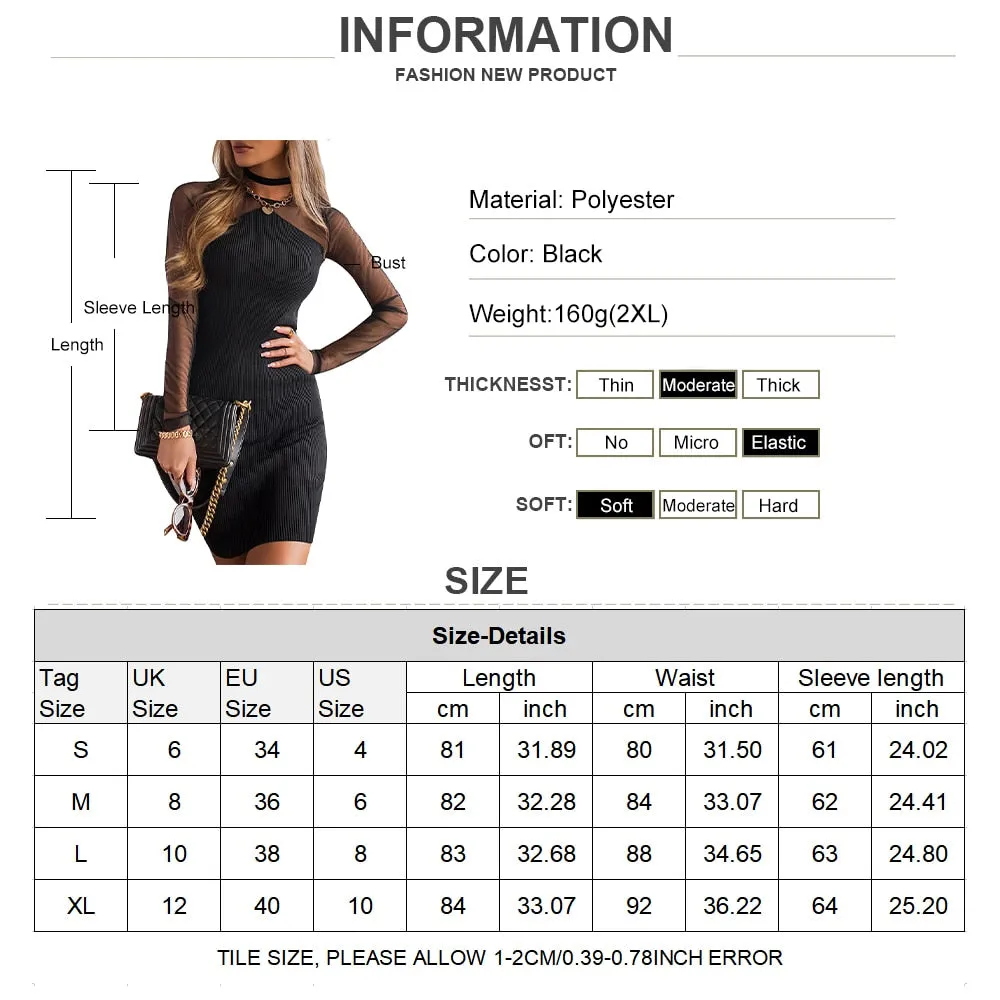 Long Sleeve Black Ribbed Mini Party Dress