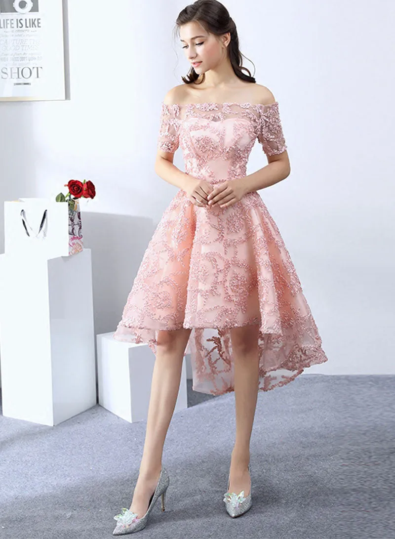 Lovely A-Line High Low Prom Dress, Off the Shoulder Evening Party Dress
