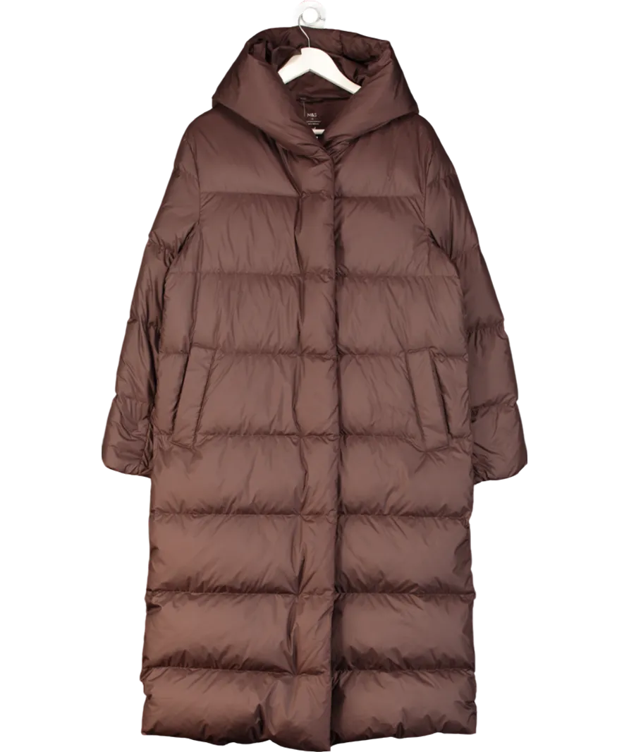 M&S Brown Dark Chocolate Feather And Down Longline Puffer Coat UK 12