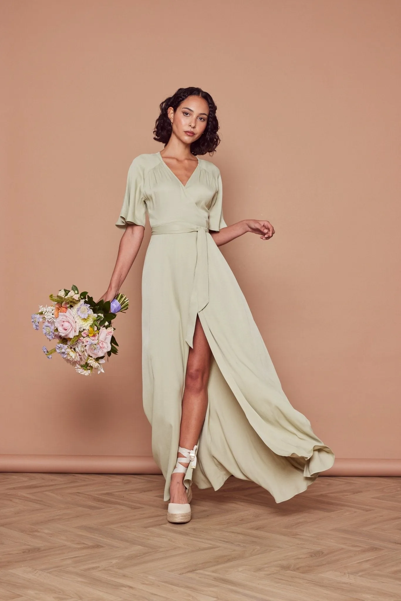 Margot Satin Wrap Dress - Sage Green
