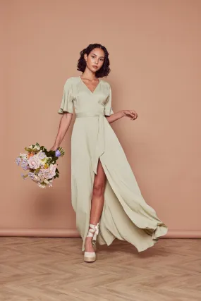 Margot Satin Wrap Dress - Sage Green
