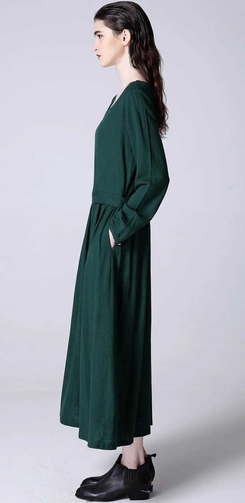 Maxi dress green women linen dress (1173)