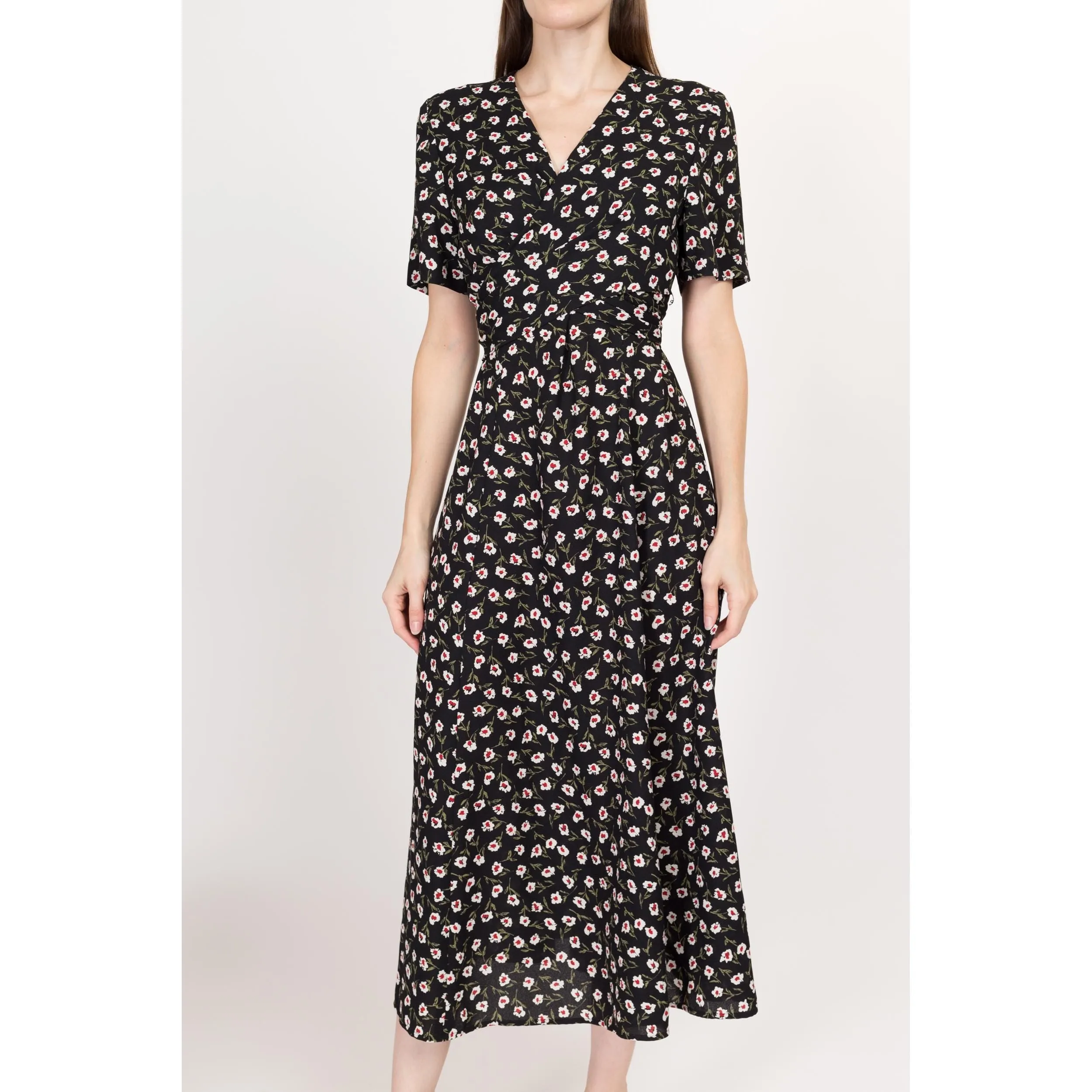 Medium 90s Black Floral Wrap Front Maxi Dress