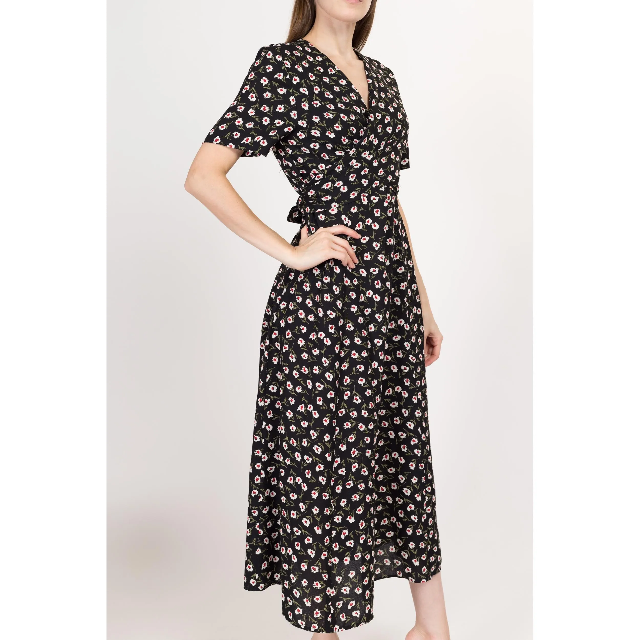 Medium 90s Black Floral Wrap Front Maxi Dress