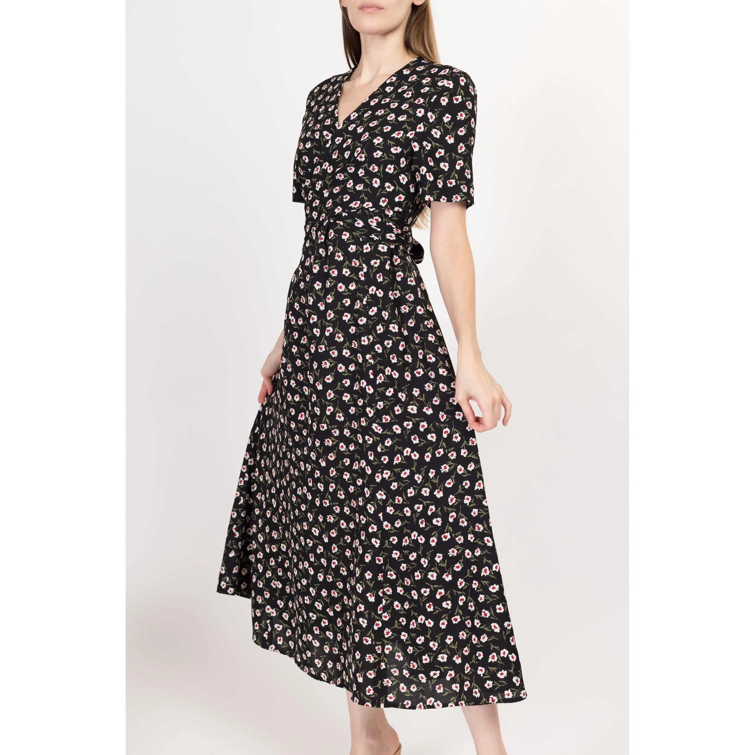 Medium 90s Black Floral Wrap Front Maxi Dress