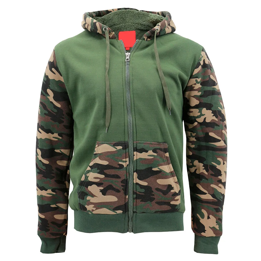 Mens Army Camo Zip Up Hoodie Sherpa Fleece Lining Sweater Jacket