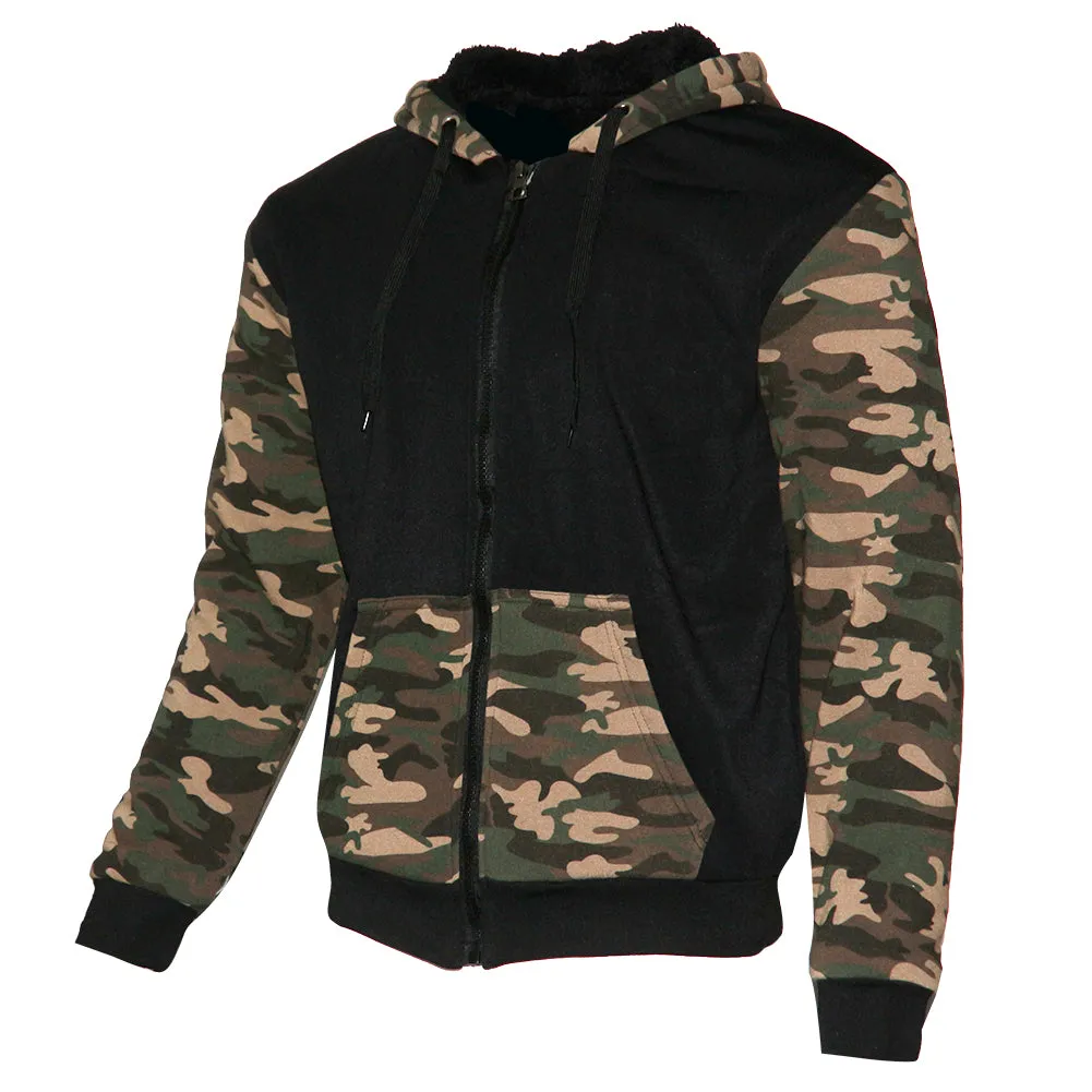 Mens Army Camo Zip Up Hoodie Sherpa Fleece Lining Sweater Jacket