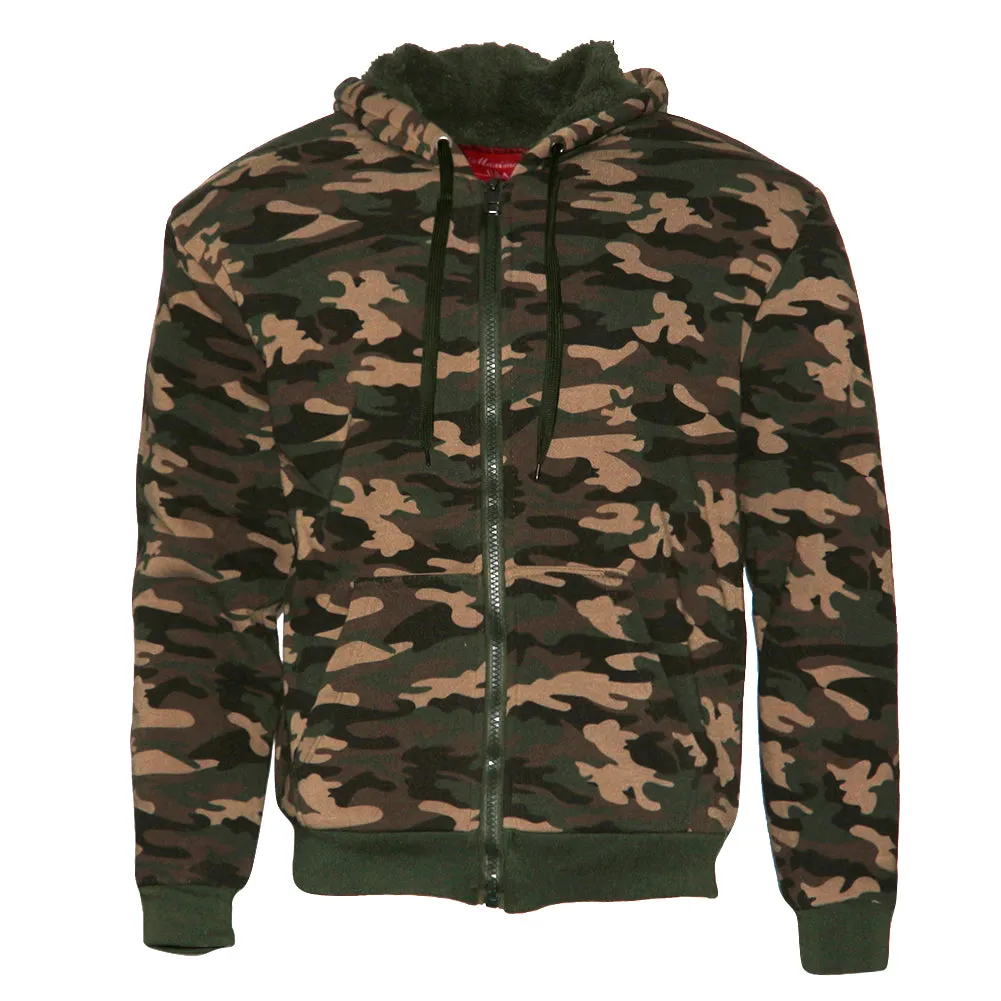 Mens Army Camo Zip Up Hoodie Sherpa Fleece Lining Sweater Jacket