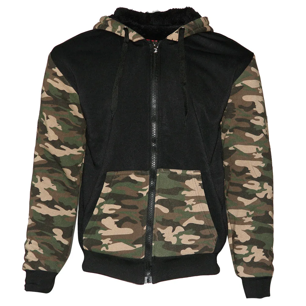 Mens Army Camo Zip Up Hoodie Sherpa Fleece Lining Sweater Jacket