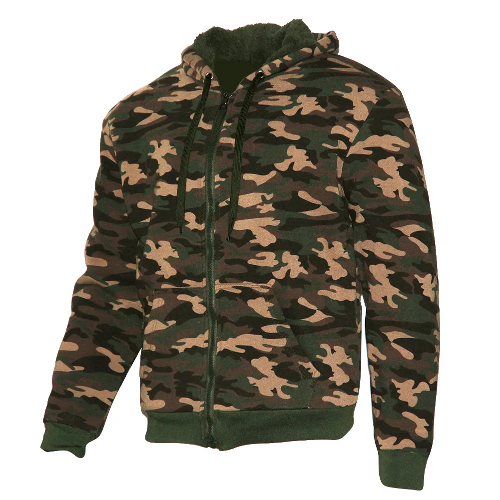 Mens Army Camo Zip Up Hoodie Sherpa Fleece Lining Sweater Jacket