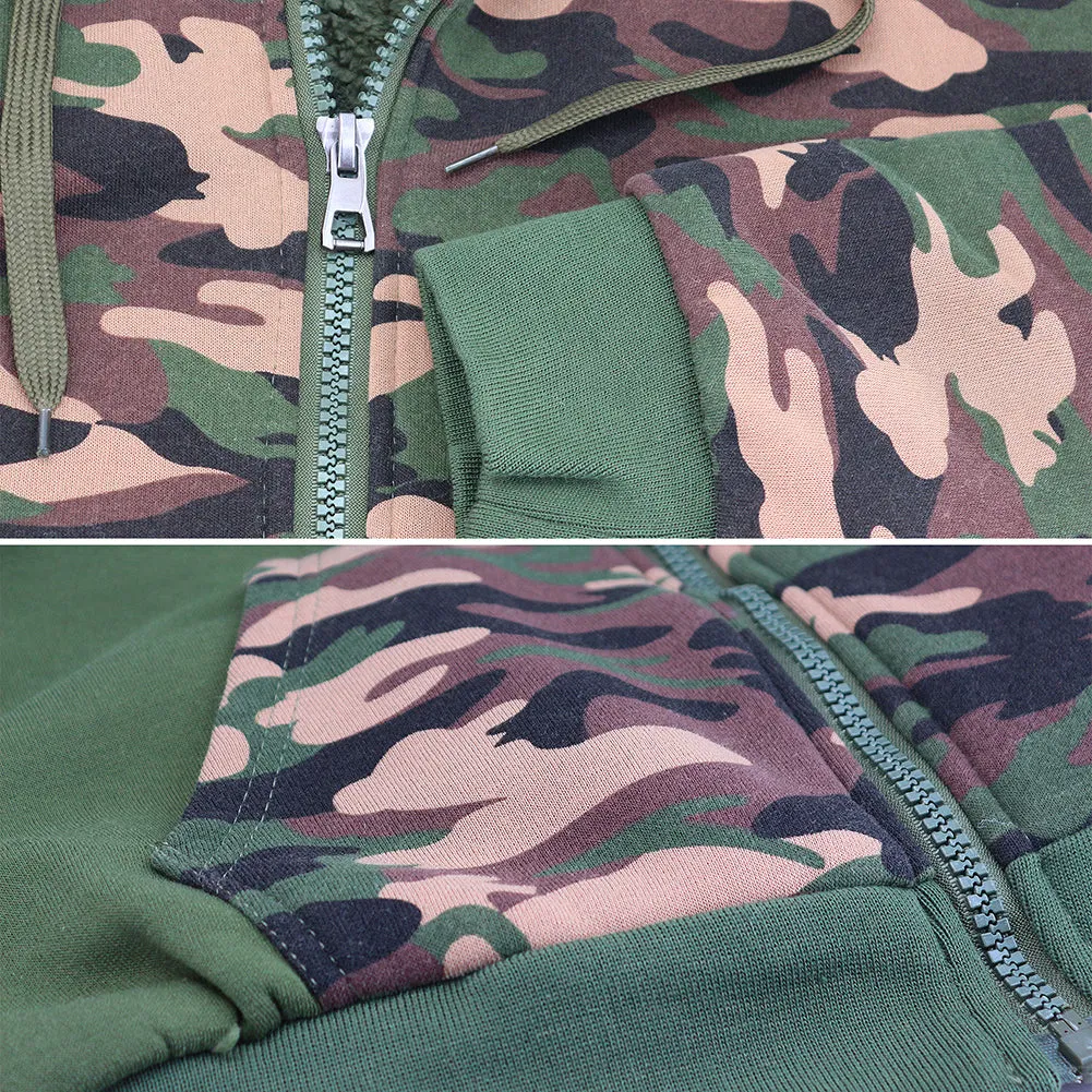Mens Army Camo Zip Up Hoodie Sherpa Fleece Lining Sweater Jacket