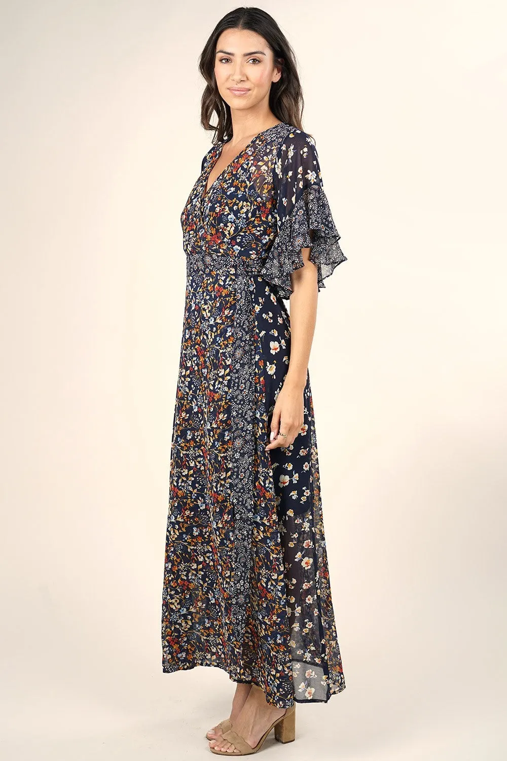 Mixed Floral Print Flutter Sleeves Wrap Maxi Dress