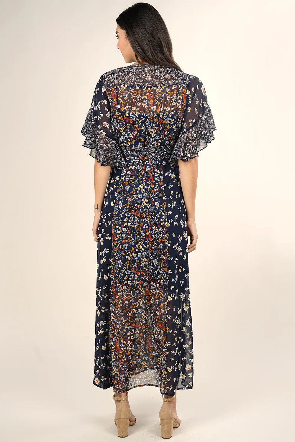 Mixed Floral Print Flutter Sleeves Wrap Maxi Dress