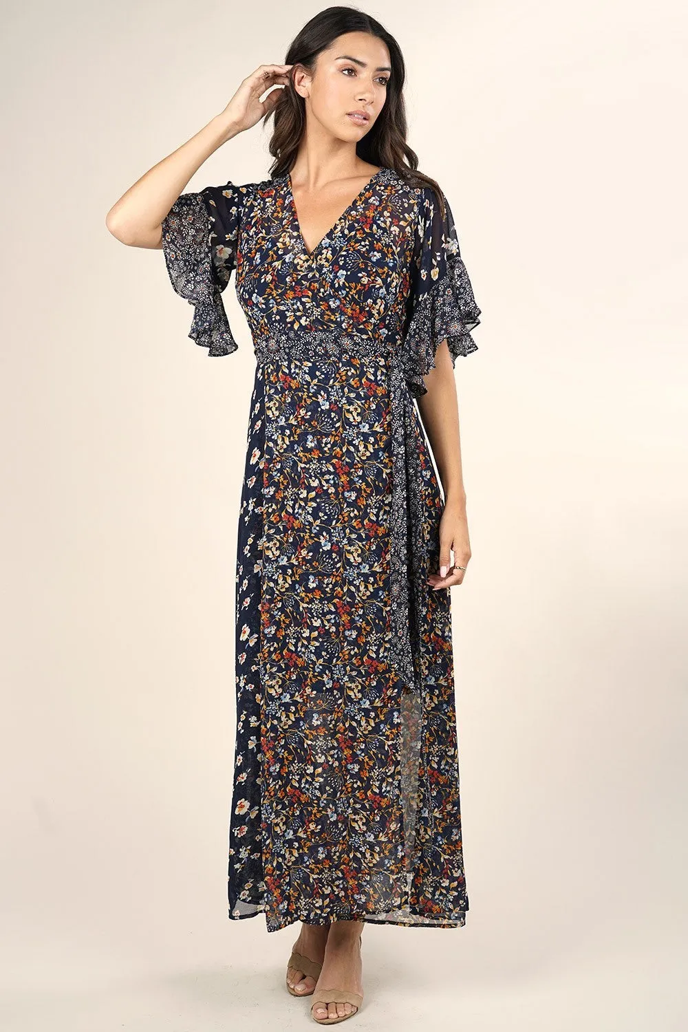 Mixed Floral Print Flutter Sleeves Wrap Maxi Dress