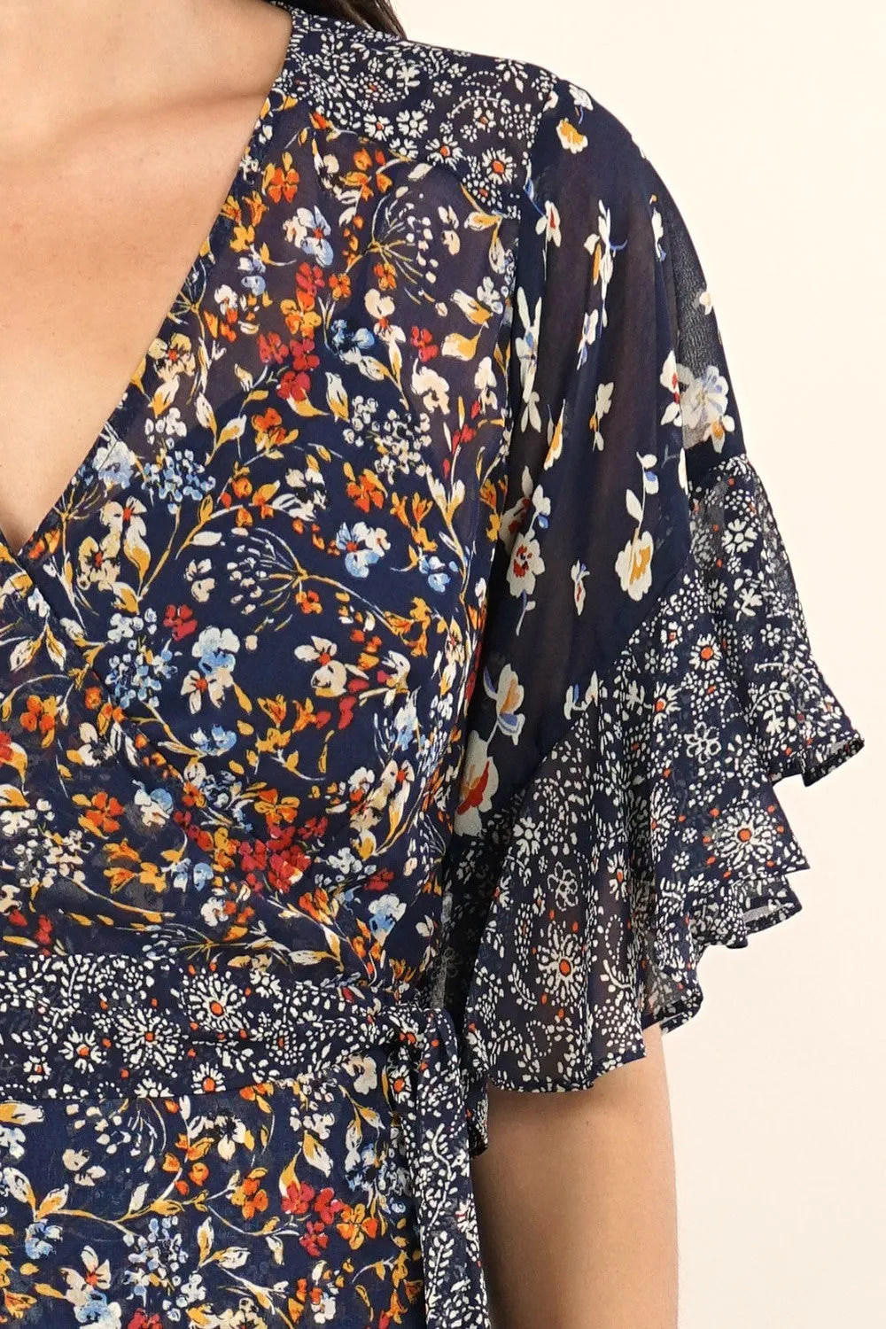 Mixed Floral Print Flutter Sleeves Wrap Maxi Dress
