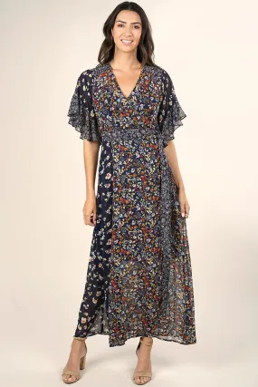 Mixed Floral Print Flutter Sleeves Wrap Maxi Dress