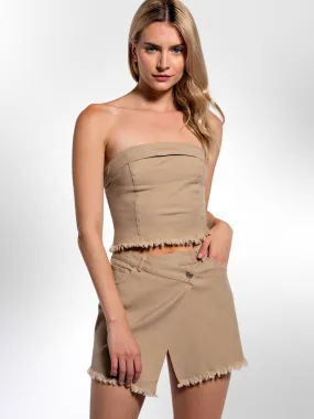 Mocha Denim  Fringe Asymmetrical Mini Skirt
