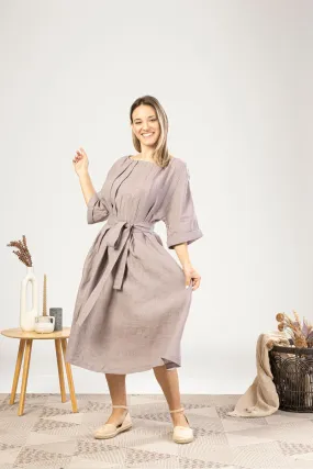 Muted Lavender Midi Linen Belted Dress