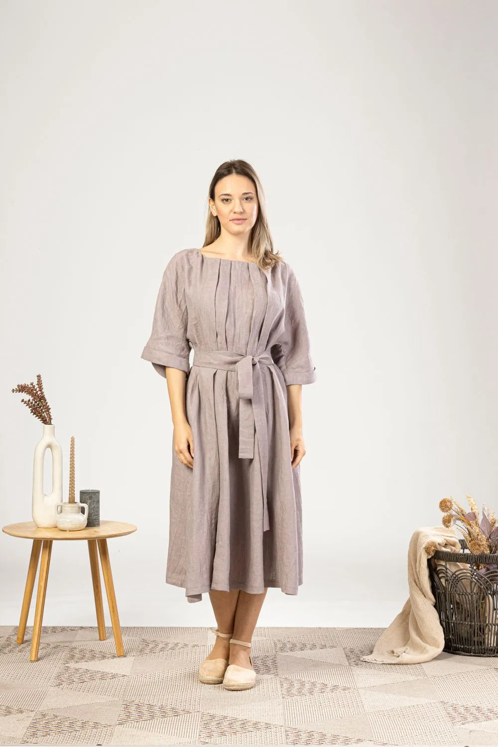 Muted Lavender Midi Linen Belted Dress