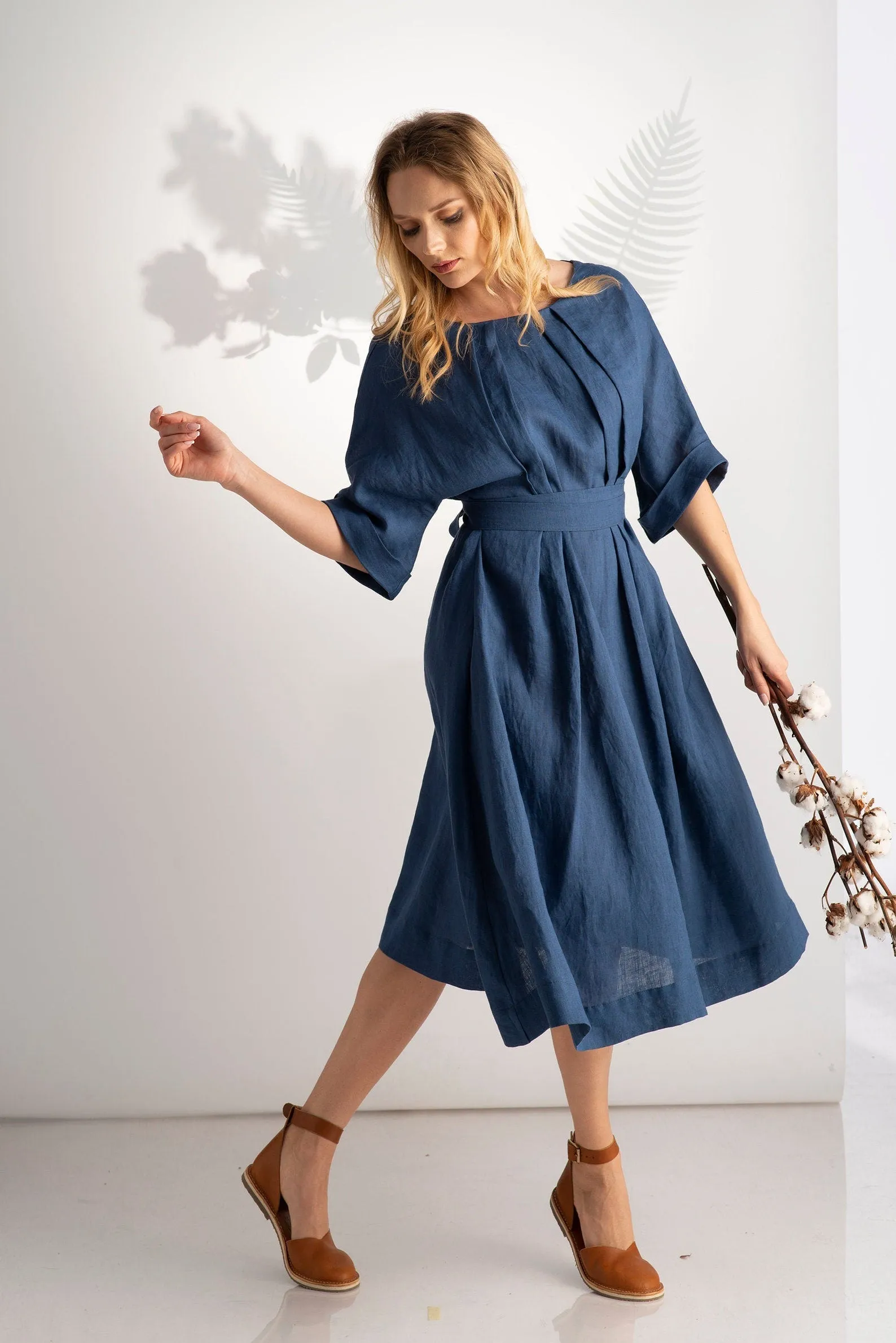 Muted Lavender Midi Linen Belted Dress