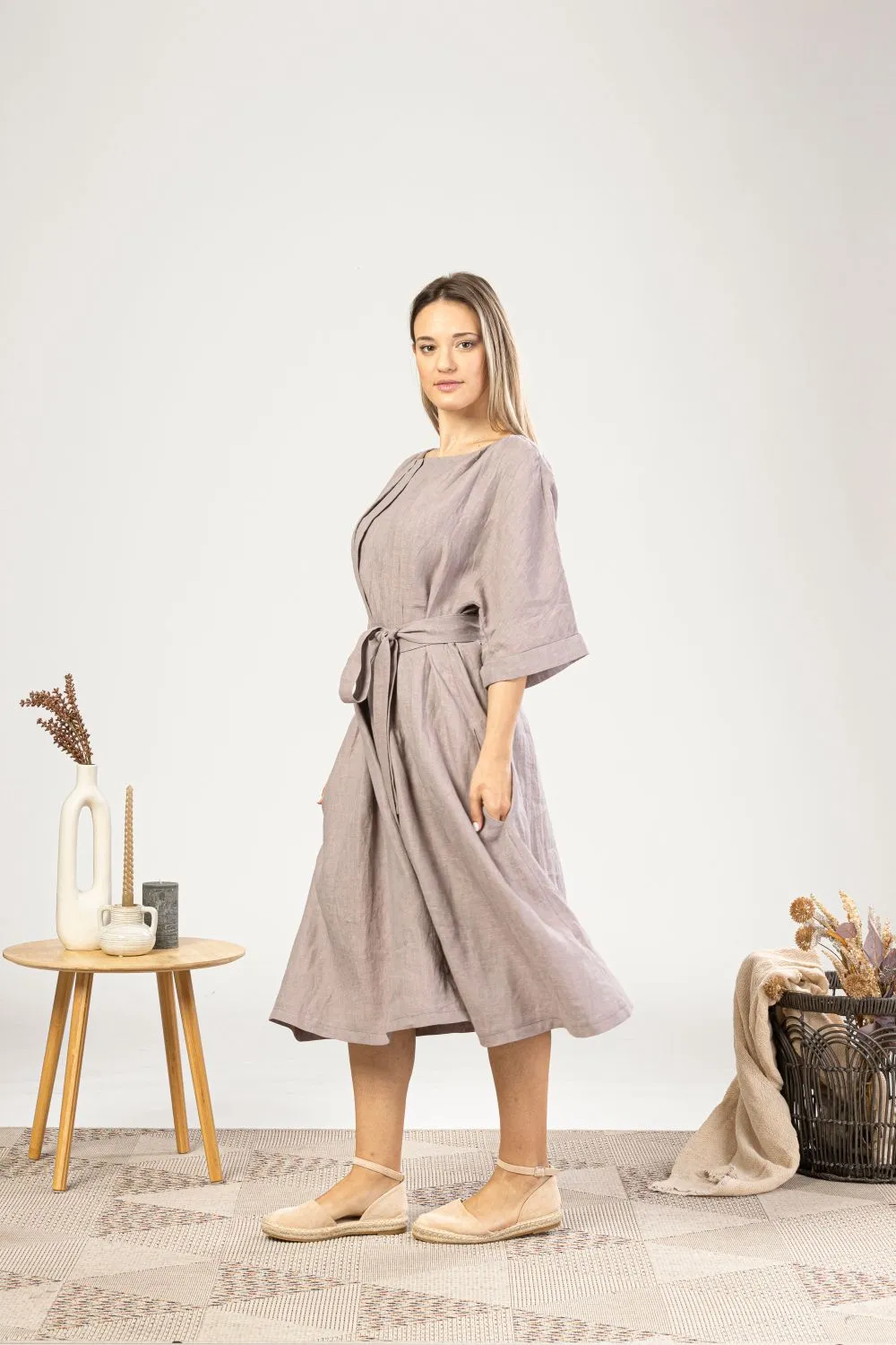 Muted Lavender Midi Linen Belted Dress