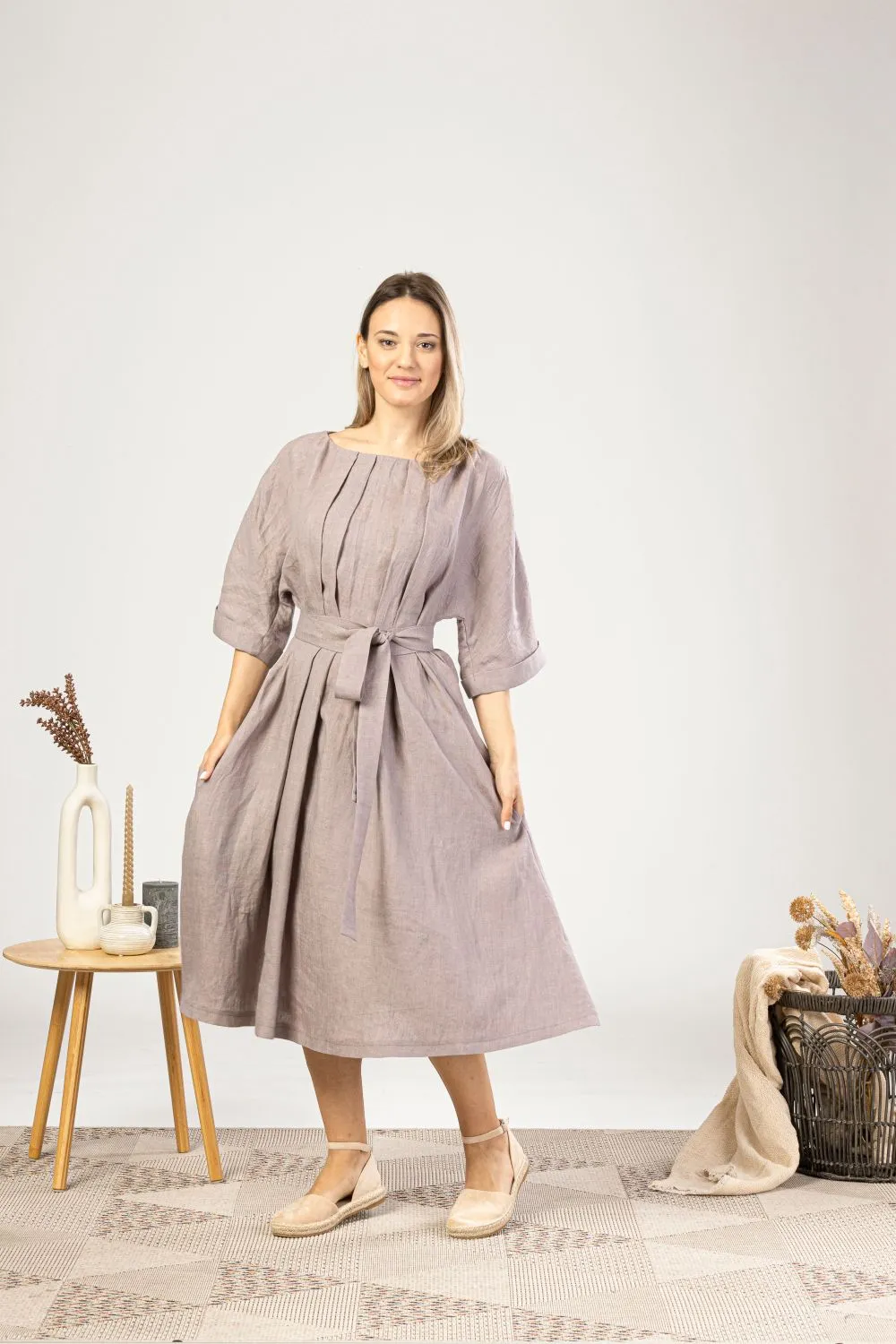 Muted Lavender Midi Linen Belted Dress
