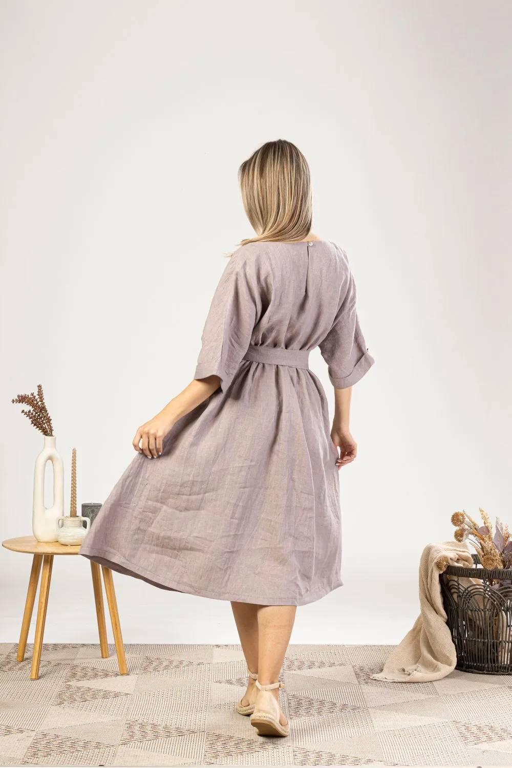 Muted Lavender Midi Linen Belted Dress