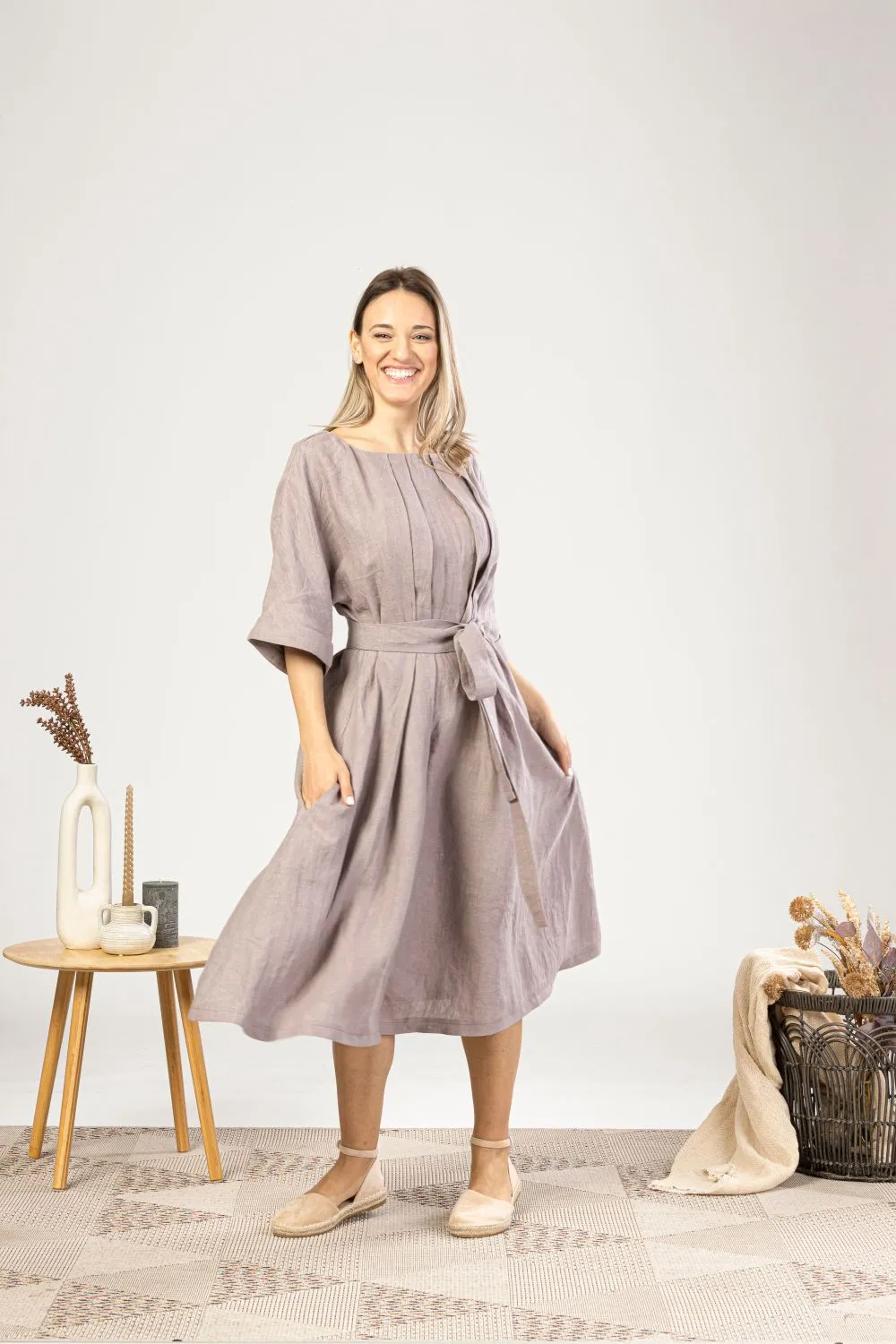 Muted Lavender Midi Linen Belted Dress