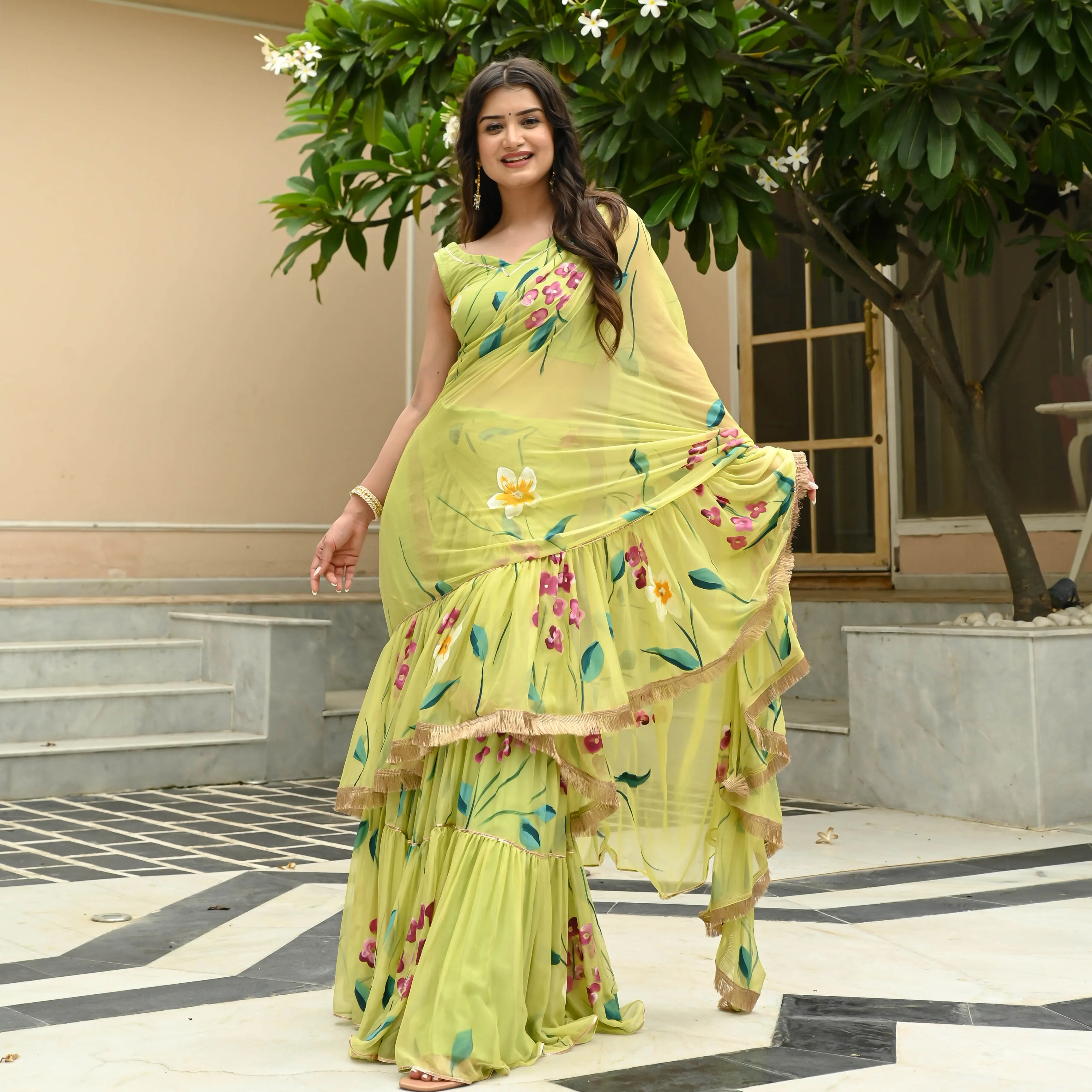 Muted Lime Draped Saree with Blouse