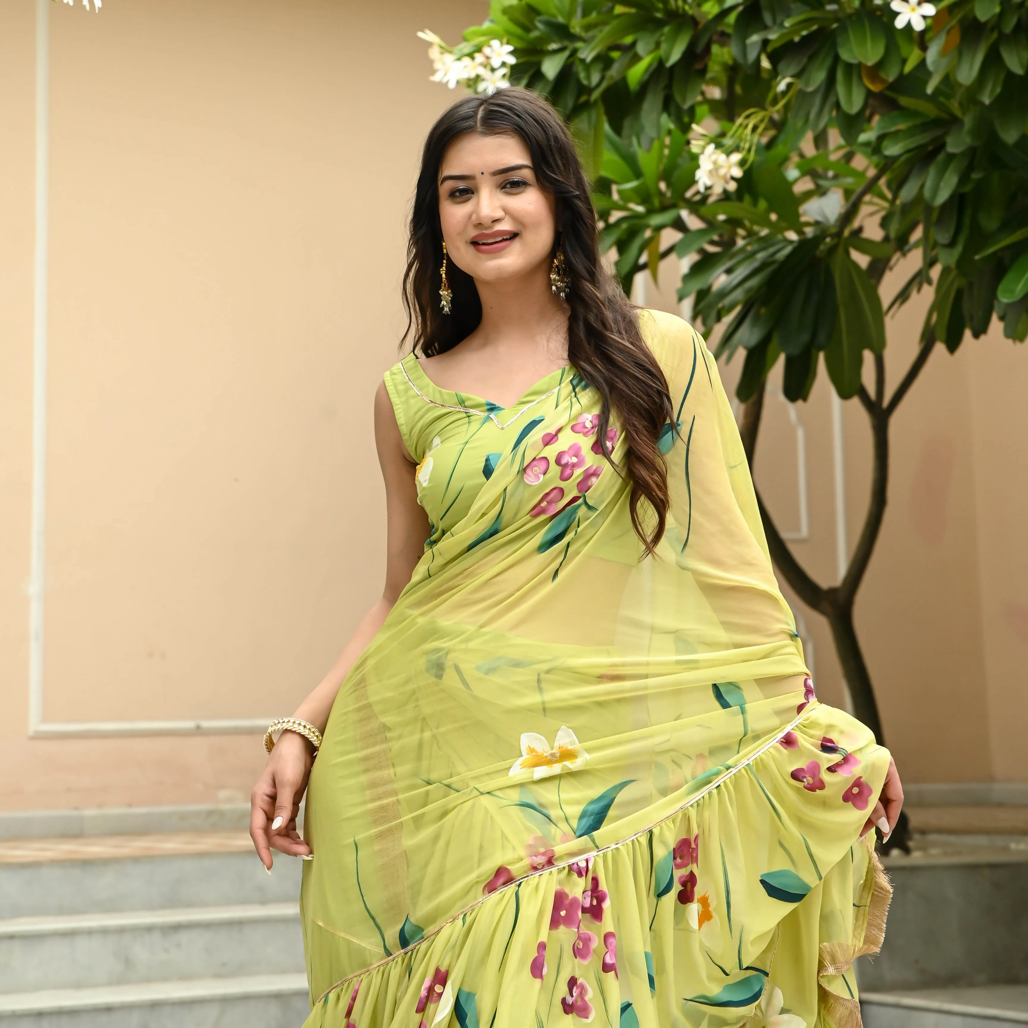 Muted Lime Draped Saree with Blouse
