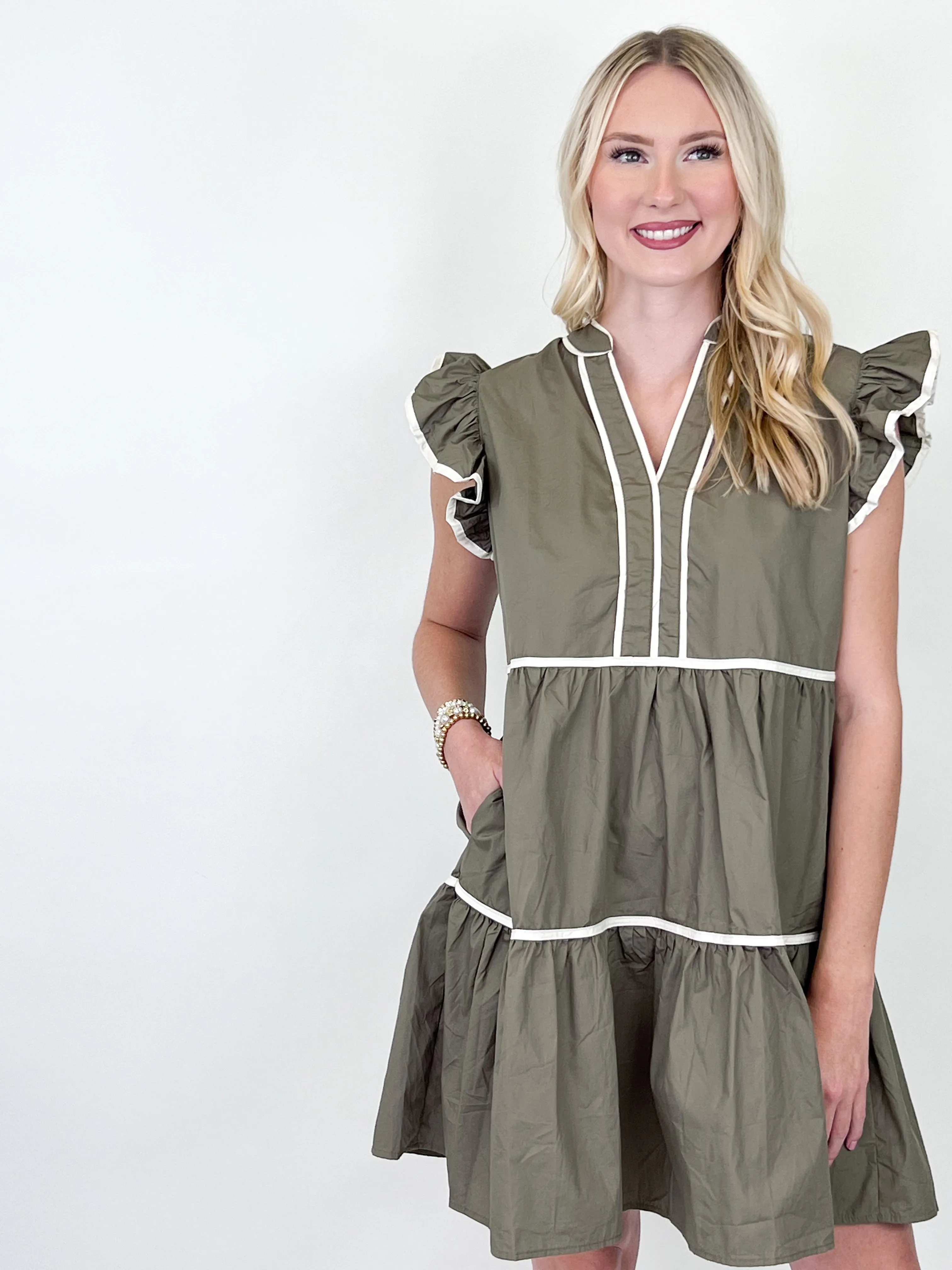 Naomi - Ruffle Sleeve Contrast Piping Tiered Dress w/ Pockets