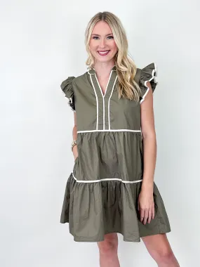 Naomi - Ruffle Sleeve Contrast Piping Tiered Dress w/ Pockets