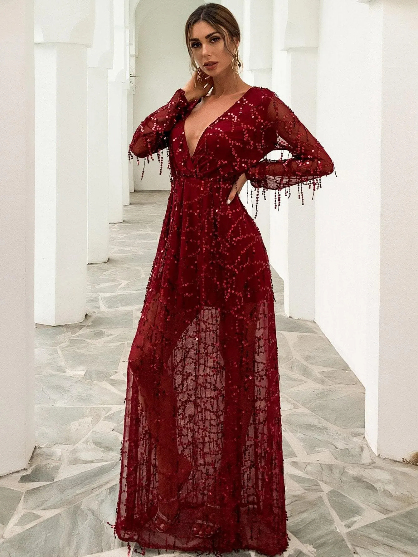 Plunge Neck Wrap Hem Bishop Sleeve High Waist Sequin Dress